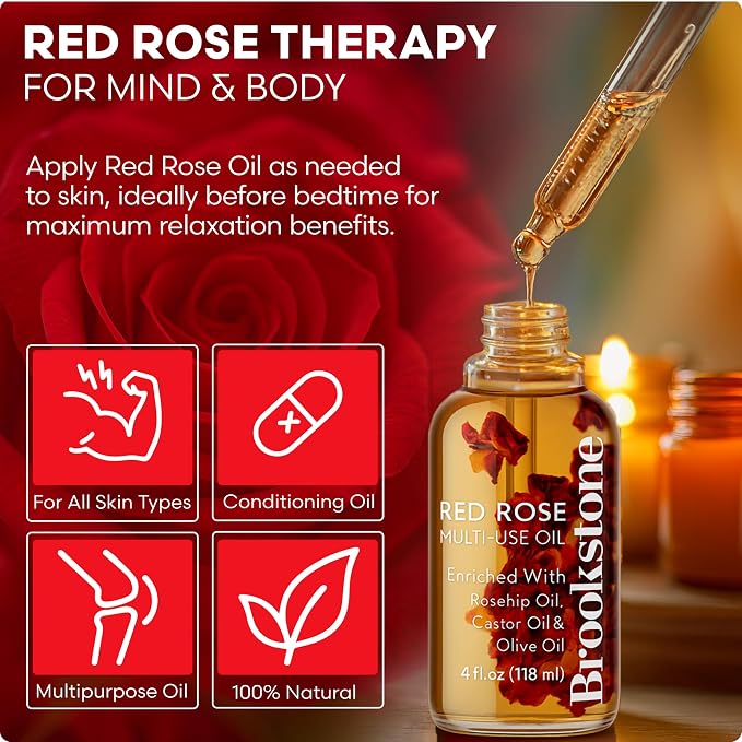 Brookstone Red Rose Multi-Use Essential Oil for Hair, Face & Body - Deep Floral Rose Aroma, Enriched with Rosehip, Castor & Olive Oils (4 fl oz / 118 mL)
