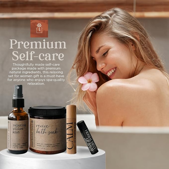 SOULISTIC ROOT Self-Care Set - Luxury Spa Bath Kit, Pillow Mist, Cooling Lip Balm, Tranquil Essential Oil Roller & Epsom Salt Bath Soak Pampering Package, Holistic Gifts for Him & Her