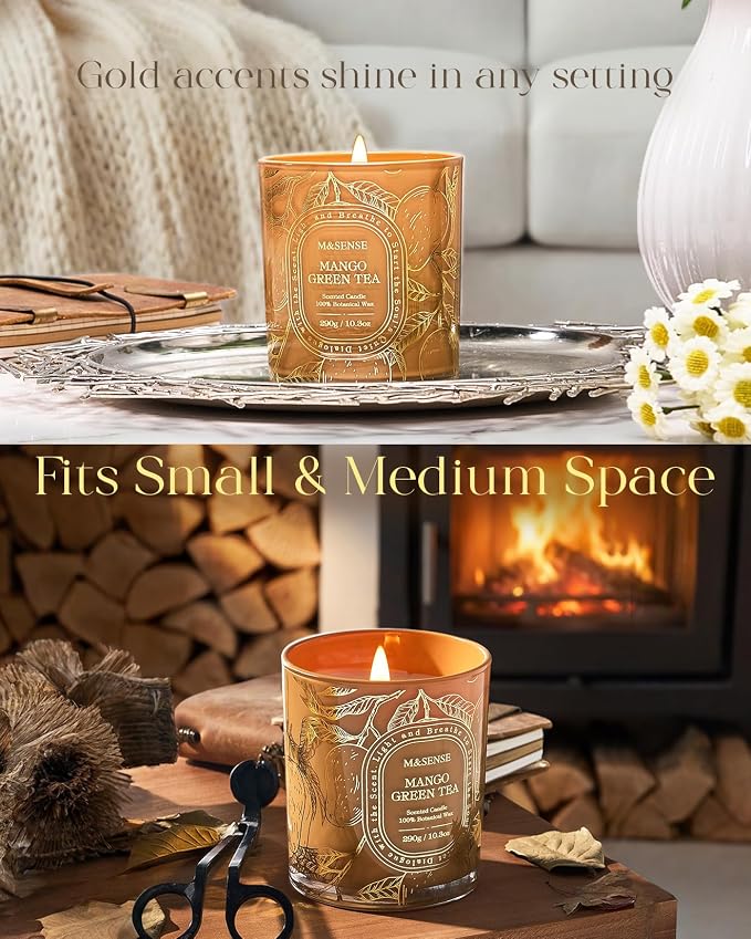 M&SENSE Mango Green Tea Soy Candle, Bathub Spa Relax Gift | Tropical Spa Atmosphere, Clean Soy Wax Long Burning for Bathtub, Summer Refresh For Rooms, Reusable Golden Stamped Jar