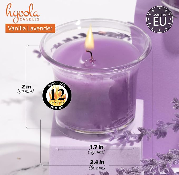 HYOOLA Clear Cup Scented Votive Candles - Vanilla Lavender - 12 Hour Burn Time - 4 Pack - European Made