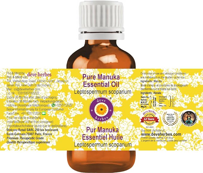 dève herbes Manuka Essential Oil (Leptospermum scoparium) Pure | Non-Sticky | Non-Greasy | Lightweight | Men & Women | All Skin Types | Steam Distilled 5ml (0.16 oz)