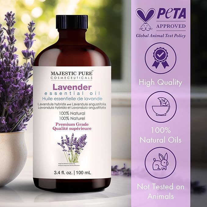 Majestic Pure Essential Oil with Glass Dropper - 100% Pure and Natural - Essential Oils for Diffuser, Aromatherapy, Soap and Candle Making, Lavender Essential Oil, Lavender Oil, 3.4 Fl Oz