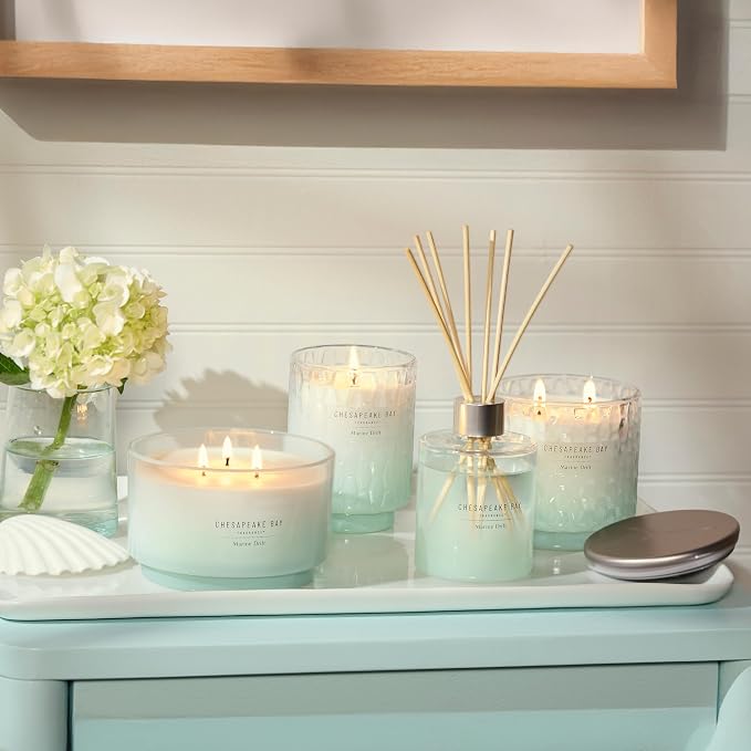 Chesapeake Bay Mood-Evoking Reed Diffuser, Marine Drift Scent, Sea Glass-Inspired Jar, Room Filling Fragrance Made with Essential Oils, Coastal Fragrance for Home Décor or Gifting