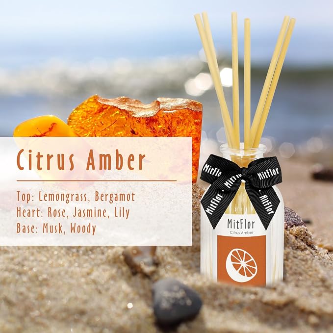 Reed Diffuser Set, MitFlor Citrus Amber Hotel Collection Diffuser 3.4 fl oz, Long-Lasting Fragrance Home & Bathroom Decor, Aromatherapy Diffuser Oil Gift Set