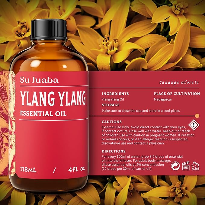 SU JUABA Ylang-Ylang Essential Oil 4 Oz, Aromatherapy Oil for Diffuser, Skin Care, Hair & Perfume Making - 118ML