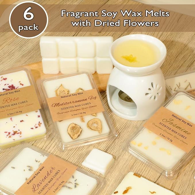 SCENTORINI Wax Melts, 6 Pack Summer Scented Wax Cubes, Soy Wax Melts Tarts with Natural Dried Flower & Highly Scented Essential Oil, Candle Wax for Warmer Gift Set for Home Fragrance
