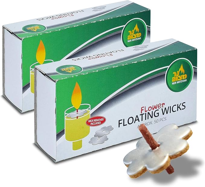Flower Shaped Floating Wicks - 100 Count (Approx.), Cotton Wicks and Cork Disc Holders for Oil Cups - Bonus Wick Removal Tweezers - by Ner Mitzvah