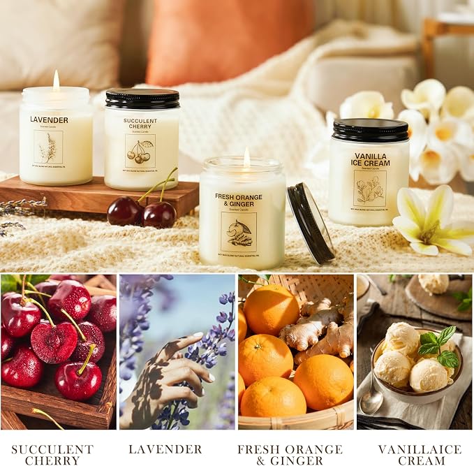 Soy Wax Scented Candle Gift Set, 4 Pack Lavender, Orange & Ginger, Vanilla Scents, Long Lasting Aromatherapy Candles for Home, Relaxing Holiday & Thanksgiving Gifts for Women, Mom & Friends