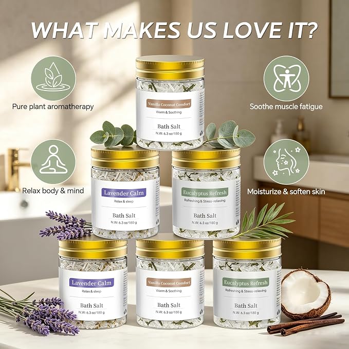 Epsom Bath Salt Gift Set for Women, 6 PCS (3 Scents 2 Each): Lavender, Eucalyptus & Vanilla Coconut, Relaxing Self Care Spa Gifts for Mom, Her, Birthday, Stress Relief & Get Well Soon