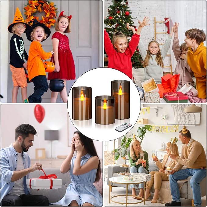 Flameless Candles 4" 5" 6" Acrylic Glass Pillars 3" Diameter Battery Operated Flickering Candles Include Remote with 24Hour Timer Function 400+ Hours by 2 AA Batteries (Gray, Warm Light 6 Pack)