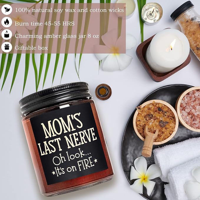Funny Gift for Mom - Mom's Last Nerve Candle - Best Mom Gifts for Birthday Mothers Day - Relaxing Calming Stress Relief Gifts for Women Wife - Lavender Vanilla Scented Soy Jar Candle for Home