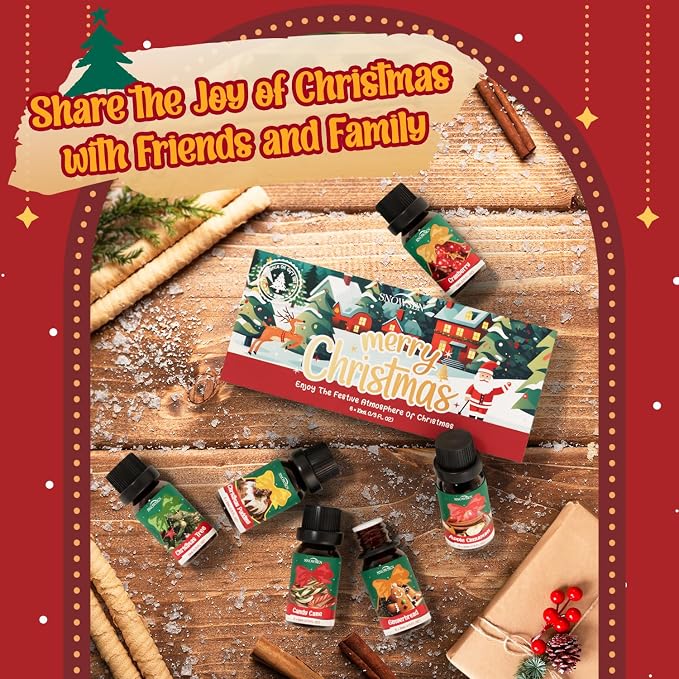 Christmas Essential Oils Gift Set, SNOWSEN Winter Fragrance Oils for Diffuser & Aromatherapy, Apple Cinnamon, Christmas Pudding, Candy Cane, Gingerbread, Cranberry Scented Oil for Candle Making