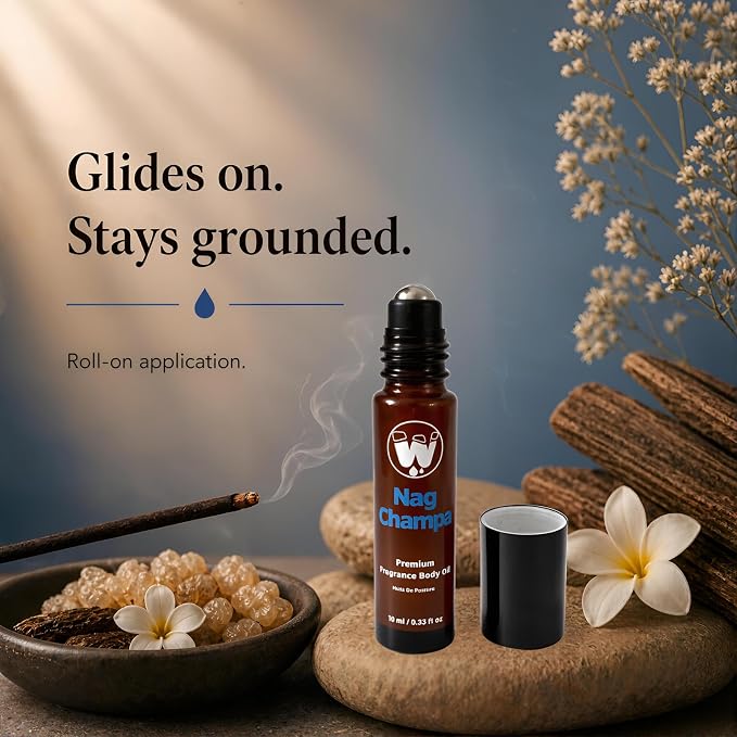 WagsMarket - Nag Champa Perfume Oil, from 0.33oz Roll On to 4oz Glass Bottle (0.33oz Roll On)