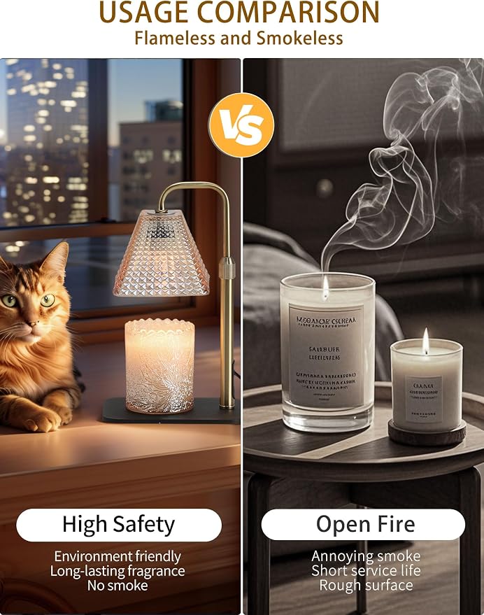 Candle Warmer Lamp with Timer & Dimmer, 2 Bulbs, Height Adjustable, Fit All Size Jar Scented Candles, Safe Aromatherapy Light for Sleep, Work, Yoga, Bedroom, Office, Gift (Champagne Pyramid)