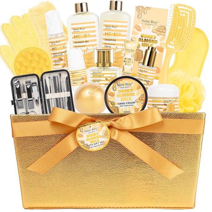 34 Pcs Skin care kit Spa Gift Set for Women & Men, Honey & Almond Milk Bath & Body Gift Basket, Face Skin Care Kit with Shower Gel, Self-Care Manicure, Birthday, Christmas, Mother Day, Anniversary