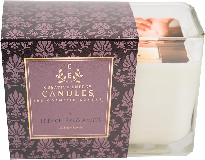 Lotion Candle - French Fig & Amber Scented Massage Candles for Self Care, 10 Oz. Soy Wax Candle with Essential Oil Blends, Coconut Oil, and Vitamin E, 55 Hour Burn Time