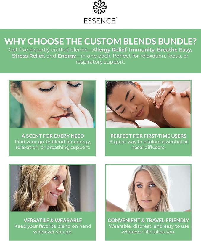 HONÉ Essence Nasal Diffuser Custom Blends Bundle – Essential Oil Silicone Nose Rings for Energy, Immunity, Stress & Allergy Relief – Wearable Aromatherapy for Daily Wellness & Relaxation
