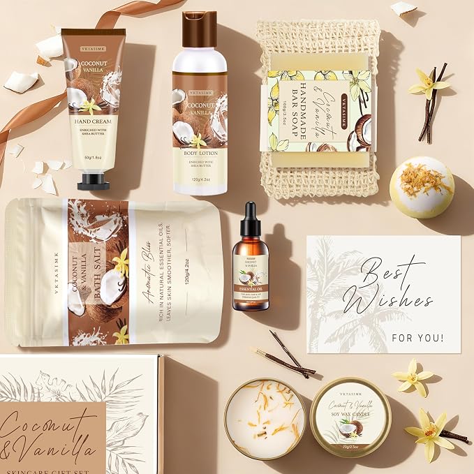 Gifts for Women Happy Birthday Gift Baskets, Bath and Body Gift Set Mothers Day Gifts, Vanilla Coconut Relaxing Home Spa Set Self Care Gift for Mom Sister Her Wife Grandma Girlfriend Friends