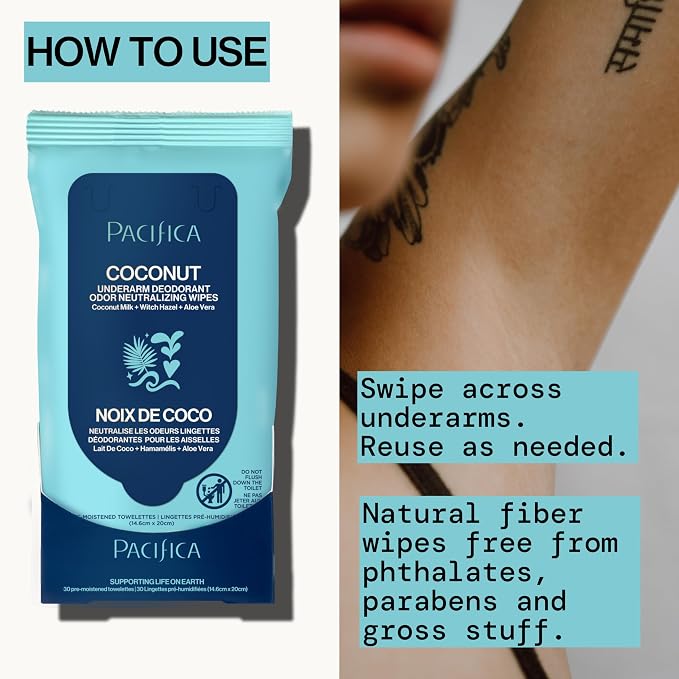 Pacifica Beauty Coconut Milk & Essential Oils Underarm Deodorant Wipes, Helps Remove Odor, Aluminum-Free, Vegan & Cruelty-Free, 30 Wipes (1-Pack)