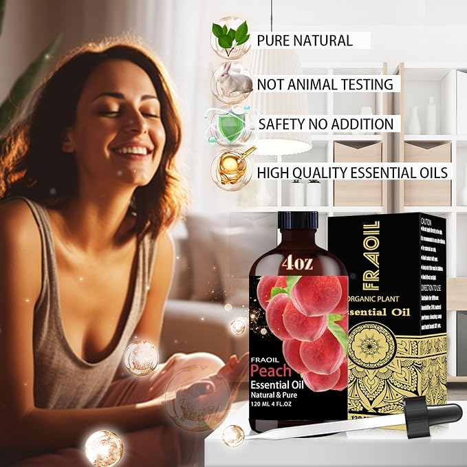 Peach Essential Oil, Peach Oil 4 Fl Oz 120ML for Diffuser Humidifier Yoga Cleaning DIY Candle Soap Making Perfume Gift for Women Essential Oils FRAOIL (Peach 4 Fl Oz (Pack of 1))