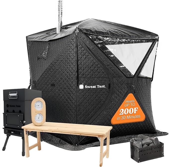 SweatTent Portable Outdoor Sauna (Large) Pro Bundle – Complete Kit with Stove, Cedar Bench, Essential Oil, Wool Hat, Accessories, Quick Assembly, High-Temperature, 6 Adults, Backyard & Camping