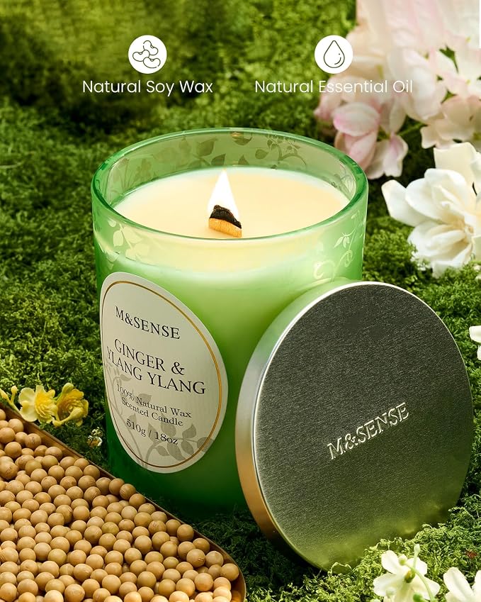 M&SENSE Ginger Ylang Ylang Scented Candle, Soy Wax, 18oz | Cracking Wooden Wick, 100 Hours Long Lasting, Large Jar, Non-Toxic Aromatherapy, Relaxing