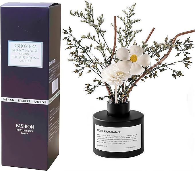 Reed Diffuser Set with Dried Flowers, 3.38fl.oz Fragrance Diffuser with Sticks, Scented Sticks Aroma Diffuser, Home & Office Décor for Air Fresheners, Bathroom (Jasmine Tea)