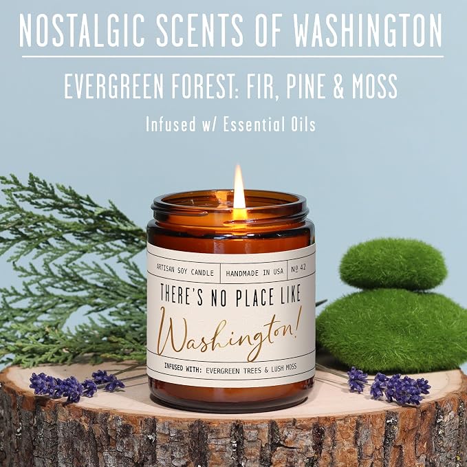 Washington Gifts, Washington Decor for Home - 'There's No Place Like Washington Candle, w/Evergreen Trees & Lush Moss I Washington Souvenirs I Washington State Gifts I 9oz Jar, 50Hr Burn, USA Made