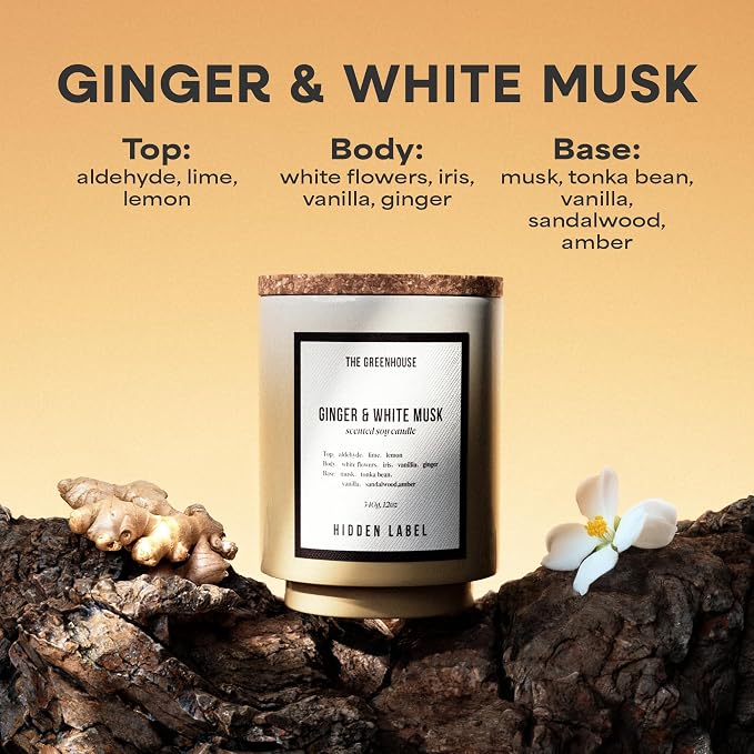 HIDDEN LABEL Ginger White Musk Scented Candle, 12oz Natural Soy Wax Cotton Wick, 75 Hour Long Lasting Burn, Aromatherapy for Home Stress Relief, Meditation, Yoga, Non-Toxic Relaxation Gift for Women
