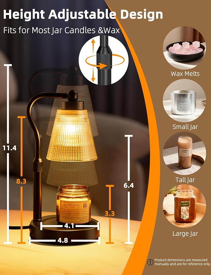 Candle Warmer Lamp for Jar Candles, Height Adjustable & Dimmable with 2/4/8H Timer, 2*50W Halogen Wax Melter Warmer for Home Office Décor, Flameless & Smokeless, Gift for Women Mom, Black-Amber/1 Pack