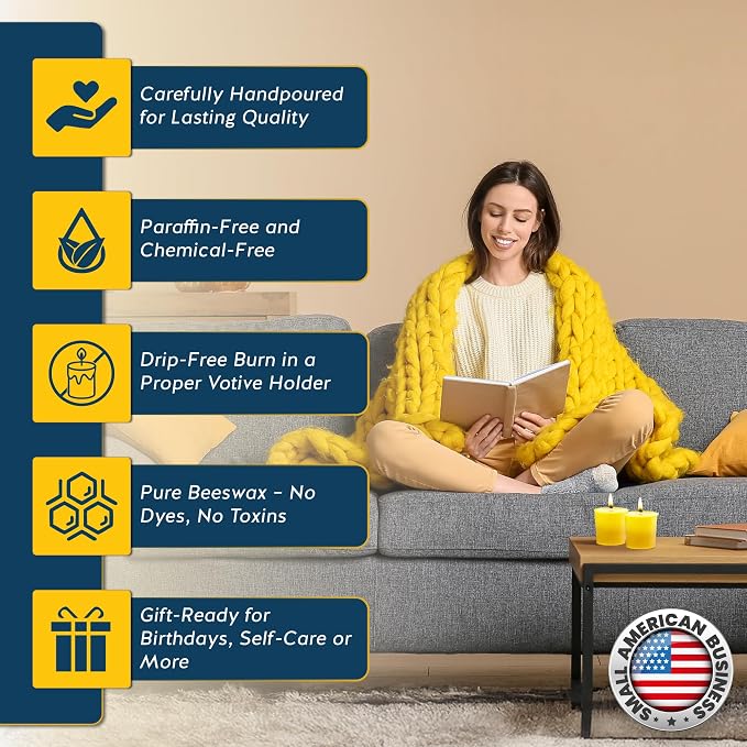 12 Pack of Beeswax Votive Candles - 100% Pure, Natural Beeswax with Natural Light Honey Scent - 15 Hour Burn - Alternative Imagination