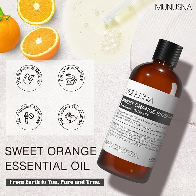 Sweet Orange Essential Oil 100ML, 100% Pure Natural Sweet Oranges Oil Premium Grade Orange Aromatherapy Oils for Diffuser, Skin, Massage, Candle and Soap Making