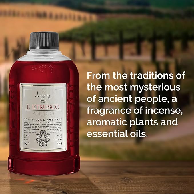 Logevy Firenze 1965 L’Etrusco Antico – The Ancient Etruscan Luxury Home Fragrance Diffuser Refill from Master Perfumer in Italy with Spicy & Woody Notes in Clear PET Bottle – 500ml