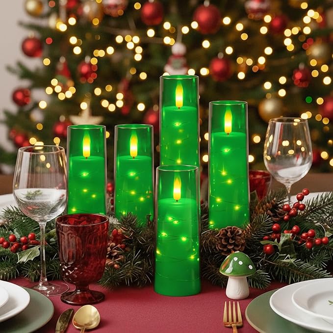 Raycare St. Patrick's Day Flameless Candle with Remote Timer – 5 Flickering Acrylic Battery Operated LED Pillar Candles with Embedded Star String for Christmas, Home Decor, and as a Gift(Green)