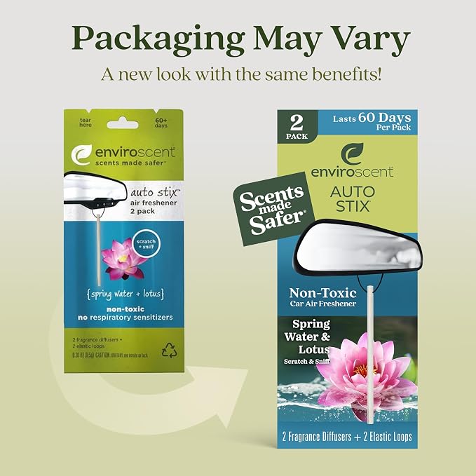 Enviroscent Non-Toxic* Car Air Freshener Auto Stix® - Scents Made Safer - Enjoy Fragrance Lasts Up to 480 Days - Includes Auto Stix® Diffusers & Elastic Loops - Spring Water & Lotus (Pack of 8)