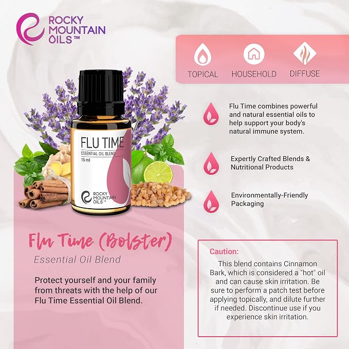 Rocky Mountain Oils Flu Time Essential Oil Blend with Essential Oils - Aromatherapy Oils for Topical Use - Therapeutic Grade Essential Oils - 15ml