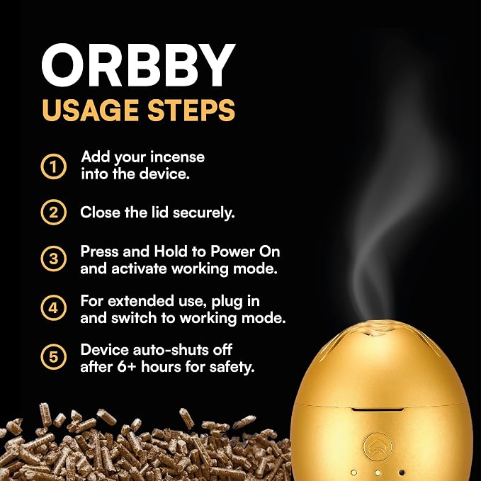 Orbby Scent Diffuser Starter Kit | Small Portable Desk Diffuser for Office: Electric Incense Burner, Rechargeable Cordless Pet Safe, Odor Eliminator – Flameless (Gold, Includes Pellets)