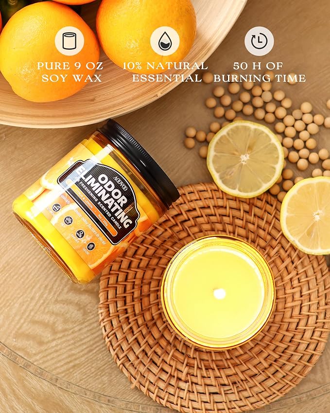AOOVOO 4 Pack Citrus Lemon/Green Apple Odor Eliminating Highly Fragranced Candle - Eliminates 95% of Pet, Smoke, Food, and Other Smells Quickly, Non Toxic Air Freshing Soy Candle