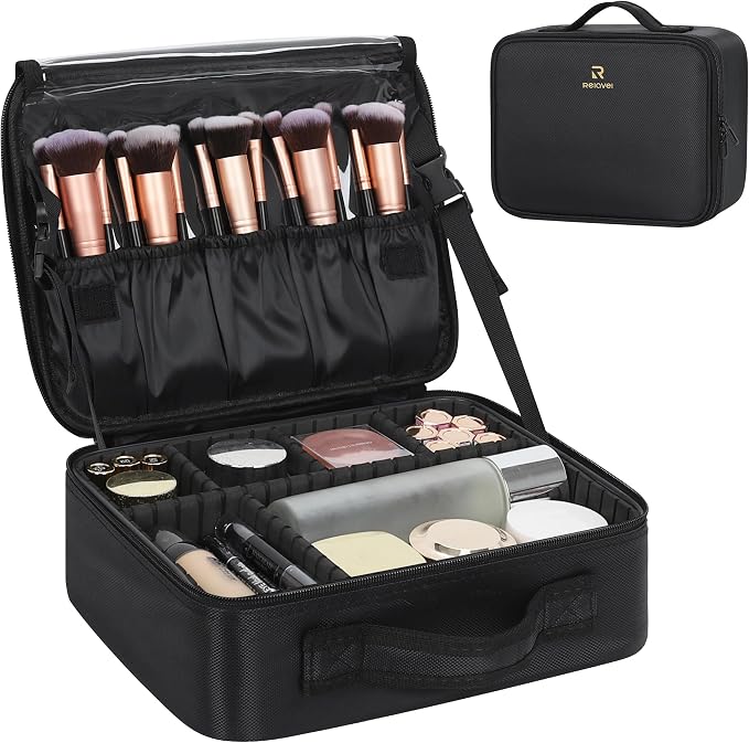 Relavel Makeup Bag Large Cosmetic Bag Travel Train Case Toiletry Bag for Women with Adjustable Dividers, Travel Essentials Organizer Case Storage Box for Skincare, Brushes, Black