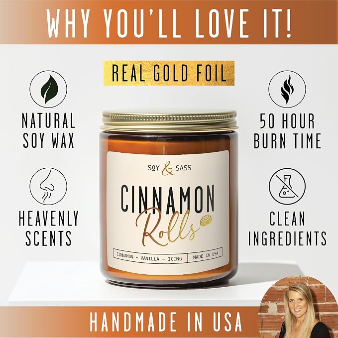 Cinnamon Candle, Fall Candles, Christmas Candles - 'Cinnamon Rolls' Autumn Scented Soy Candle for Home, 9oz Reusable Jar, 50Hr Burn, Made in USA