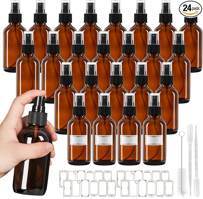 4 oz Amber Glass Spray Bottles 24 Pack, Leakproof Small Refillable Containers for Perfumes, Cleaning Products, Pet, Essential Oils - Empty Travel Size Bottles for Hair, Plants, Premium Sprayers