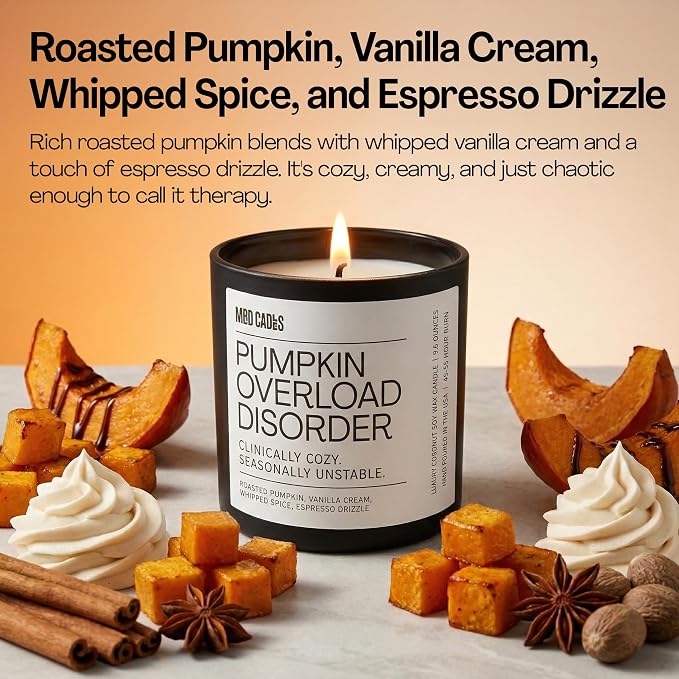 – Pumpkin Overload Disorder | Luxury Fall Scented Candle for Home Décor | 9.5oz Coconut Soy Wax | Non Toxic Long Burn Candle Jar | Pumpkin Spice Candle for Autumn Vibes