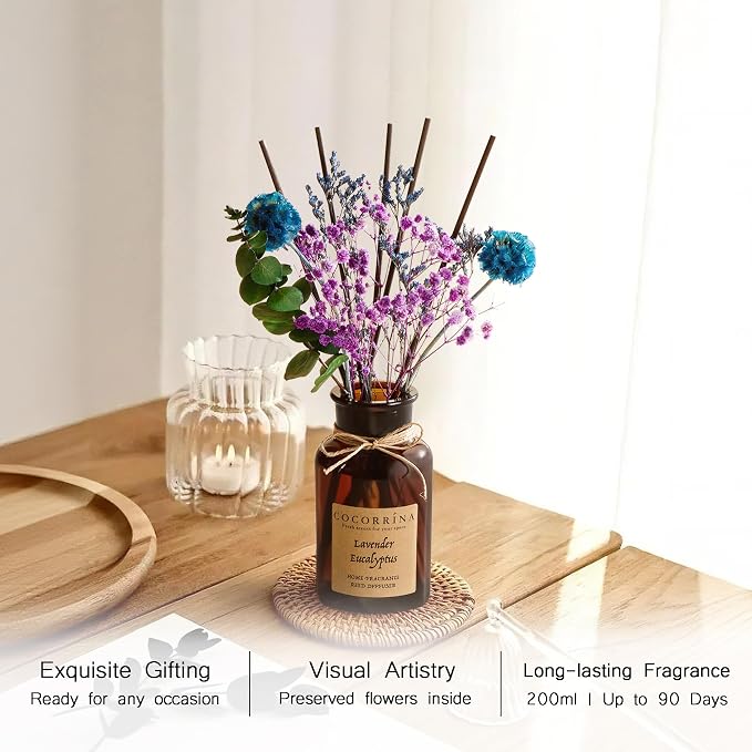 Cocorrína Reed Diffuser Set, 6.7oz Flower Reed Diffuser with Real Preserved Flowers - Lavender & Eucalyptus Scented Oil & Sticks - Long Lasting Home Fragrance for Bedroom Bathroom Shelf Decor