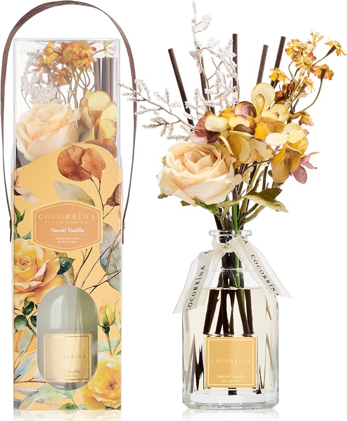 COCORRÍNA Reed Diffuser - Neroli Vanilla 8.5 Fl.oz Flower Reed Diffuser with Sticks, Bedroom Bathroom Shelf Decor (Floral Basket Collection)