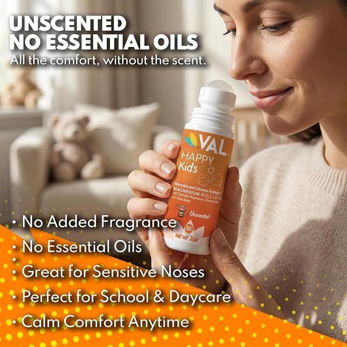 VAL Happy Kids Unscented Magnesium Roll-On, Relaxation & Calm Formula for Kids, Zechstein® Magnesium with Chamomile & Shea Butter, Fragrance-Free, 3 oz