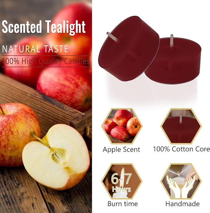 Apple Scented Tea Lights Candles, 24 Pack Red Tealights, 6-7 Hour Long Burning Tealight Candles Handmade Tea Candles for Wedding Party Home Decor