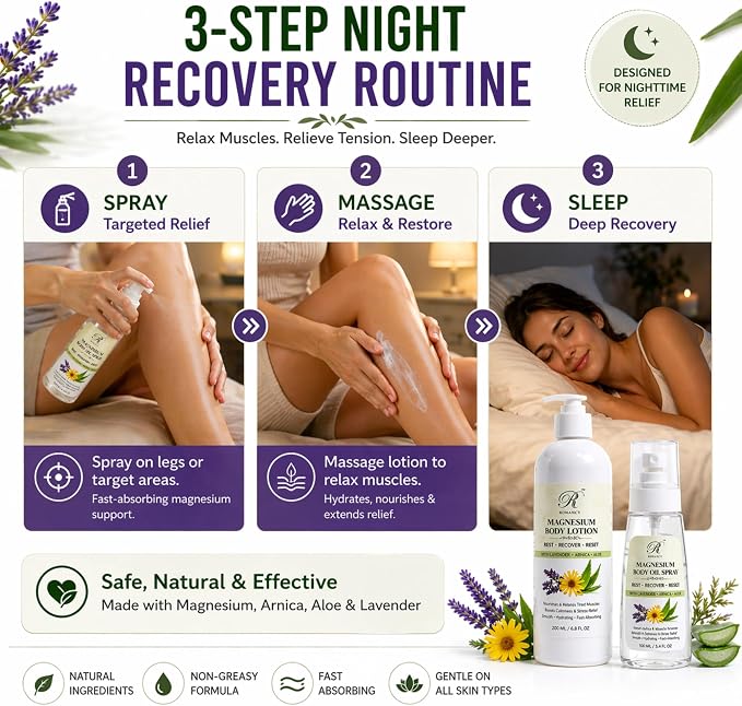 Magnesium Lotion & Magnesium Oil Spray for Sleep – Lavender Body Lotion & Magnesium Spray for Legs, Muscle Recovery & Relaxation – Fast Absorbing 2 Pack with Arnica