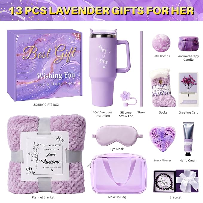 Birthday Gift for Women, Luxury Self Care Spa Gift Basket with Blanket for Mom, Wife, Sister, Friend, Girlfriend, Grandmother, Get Well Soon & Christmas gift for Her