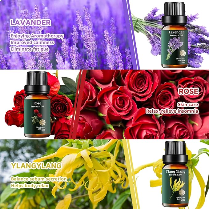 Floral Essential Oils Set 12x10ml, Pure Rose Jasmine Lavender Ylang Ylang Gardenia Freesia Osmanthus Lily Lotus Magnolia Geranium Clove – Aromatherapy for Diffuser, Skin, Hair, Candle & Soap Making