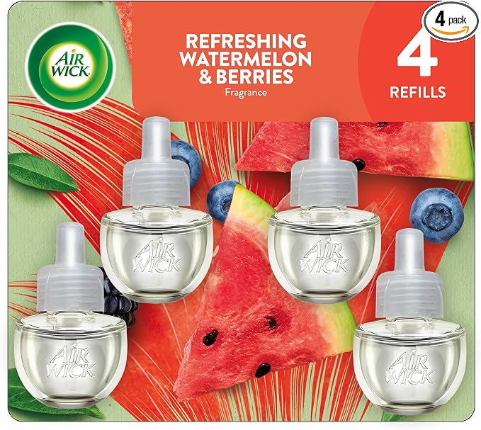 Air Wick Plug-In Scented Oil Refills, 4 Count, Fresh Watermelon & Berries, Air Freshener, Essential Oils